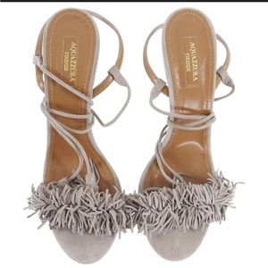 Aquazzura Suede Grey Wild Thing Fringe Sandal Heels